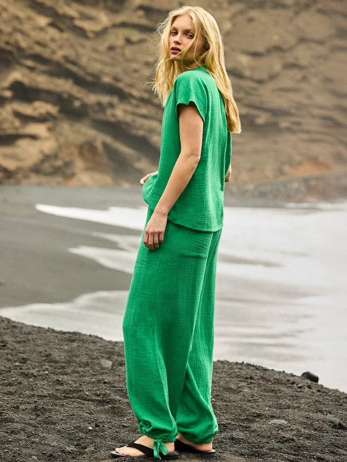Green Cheesecloth Drawstring Cuff Trousers
