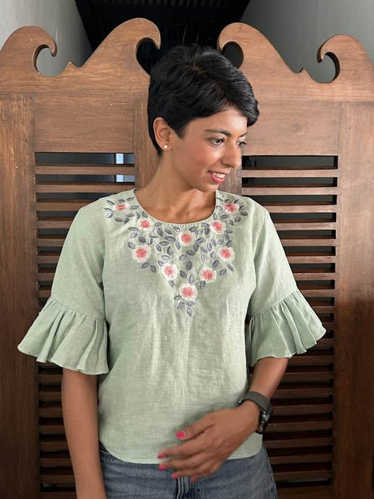 Green embroidered linen top