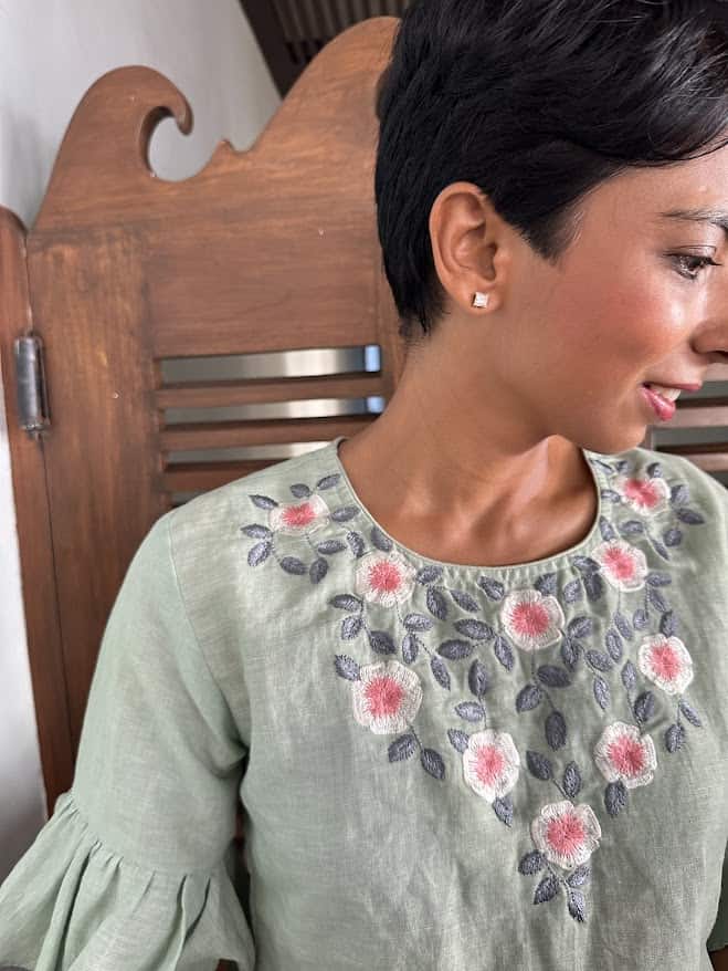 Green embroidered linen top