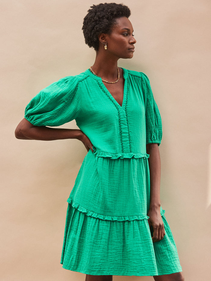 Green Frill-Detail Cheesecloth Mini Dress