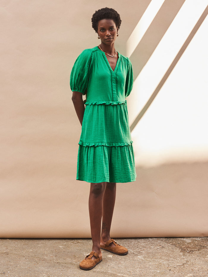 Green Frill-Detail Cheesecloth Mini Dress