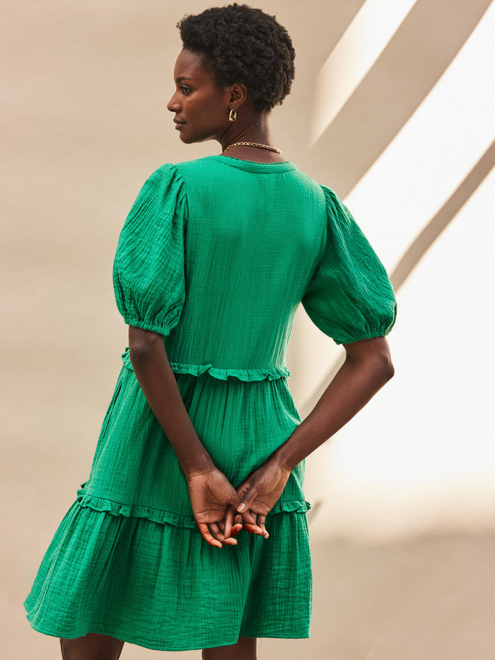 Green Frill-Detail Cheesecloth Mini Dress