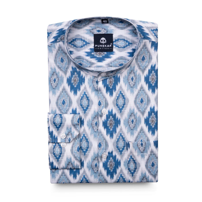 Grey Blue Color Stand Collar Printed Shirt For Men - Punekar Cotton
