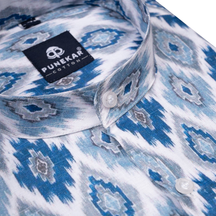 Grey Blue Color Stand Collar Printed Shirt For Men