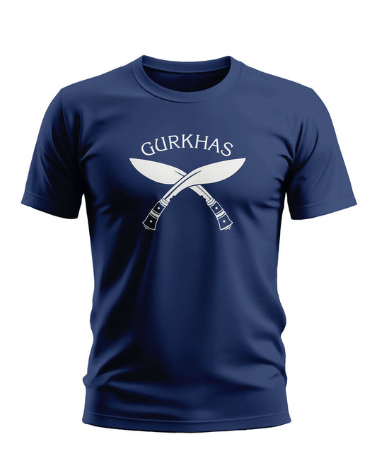 Navy blue men's t-shirt with 'GURKHAS' text and crossed kukri knives graphic