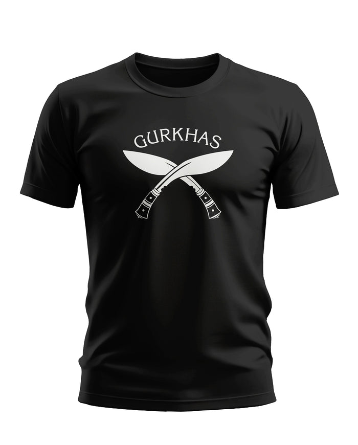 Black men's t-shirt with GURKHAS text and crossed kukri knives graphic printed on chest
