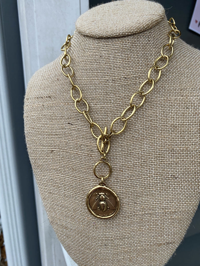 Hammered Gold Necklace with Queen Bee Pendant