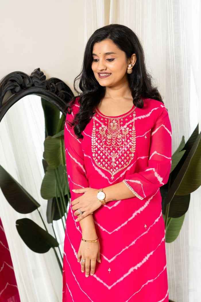 Handwork Leheriya Kurti- Round Neck