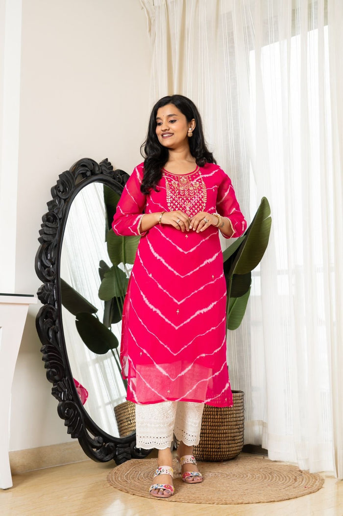Handwork Leheriya Kurti- Round Neck