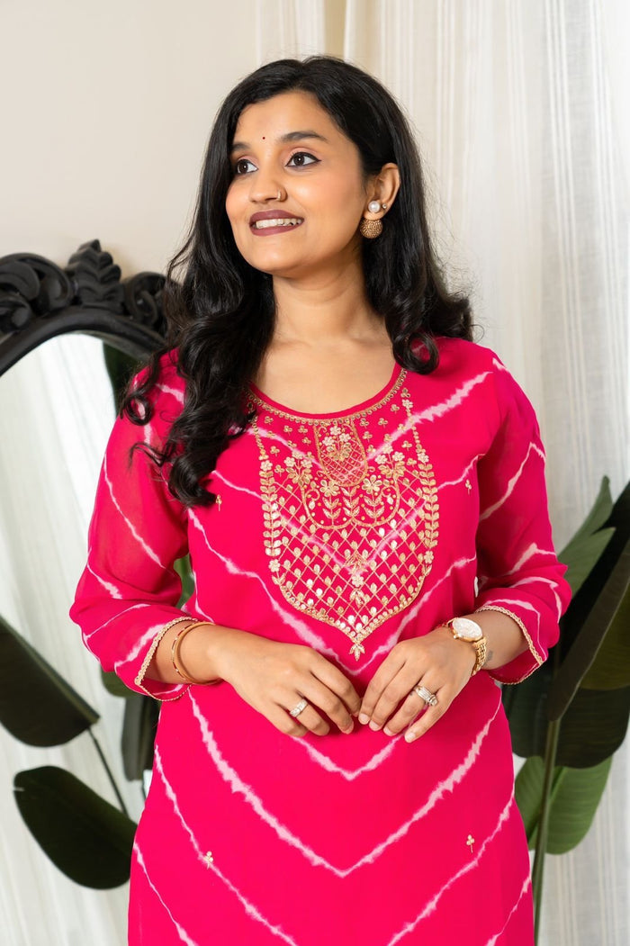 Handwork Leheriya Kurti- Round Neck