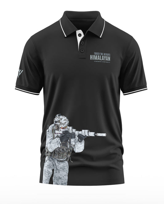 Black men's polo t-shirt with white trim, Himalayan text, and soldier graphic print