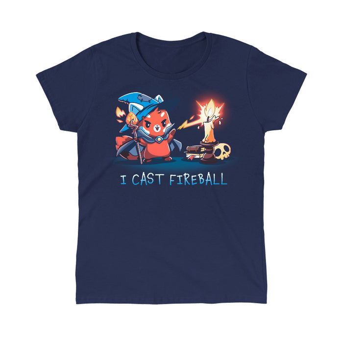Classic Cotton T-shirt_TeeTurtle I Cast Fireball navy blue t-shirt featuring a fox in a tabletop game wizard outfit with a staff who casts a fireball spell towards a candle, with the text "I CAST FIREBALL" below. A stack of books and a skull are in the background.