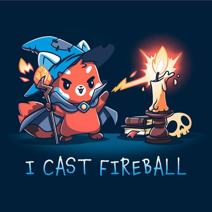 Long Sleeve T-shirt_TeeTurtle I Cast Fireball navy blue t-shirt featuring a fox in a tabletop game wizard outfit with a staff who casts a fireball spell towards a candle, with the text "I CAST FIREBALL" below. A stack of books and a skull are in the background.