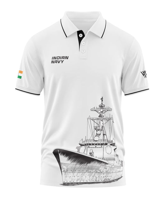 White polo t-shirt with Indian Navy text, Indian flag on sleeve, and warship graphic on front.