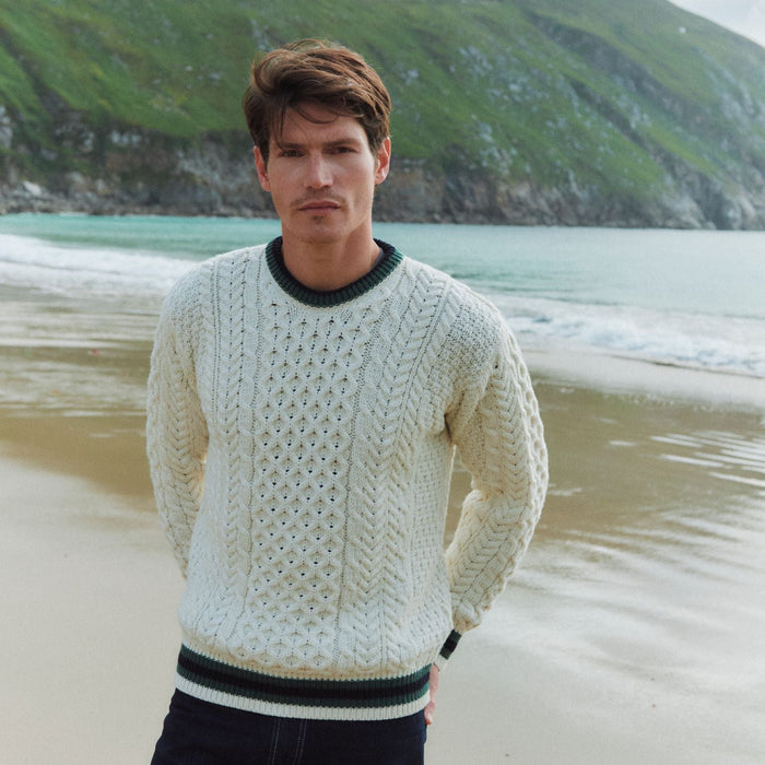 Inishbeg Stripe Natural Crewneck Aran Sweater