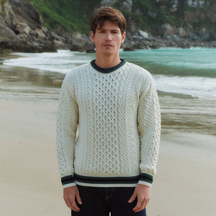 Inishbeg Stripe Natural Crewneck Aran Sweater