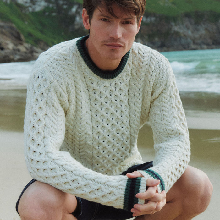 Inishbeg Stripe Natural Crewneck Aran Sweater