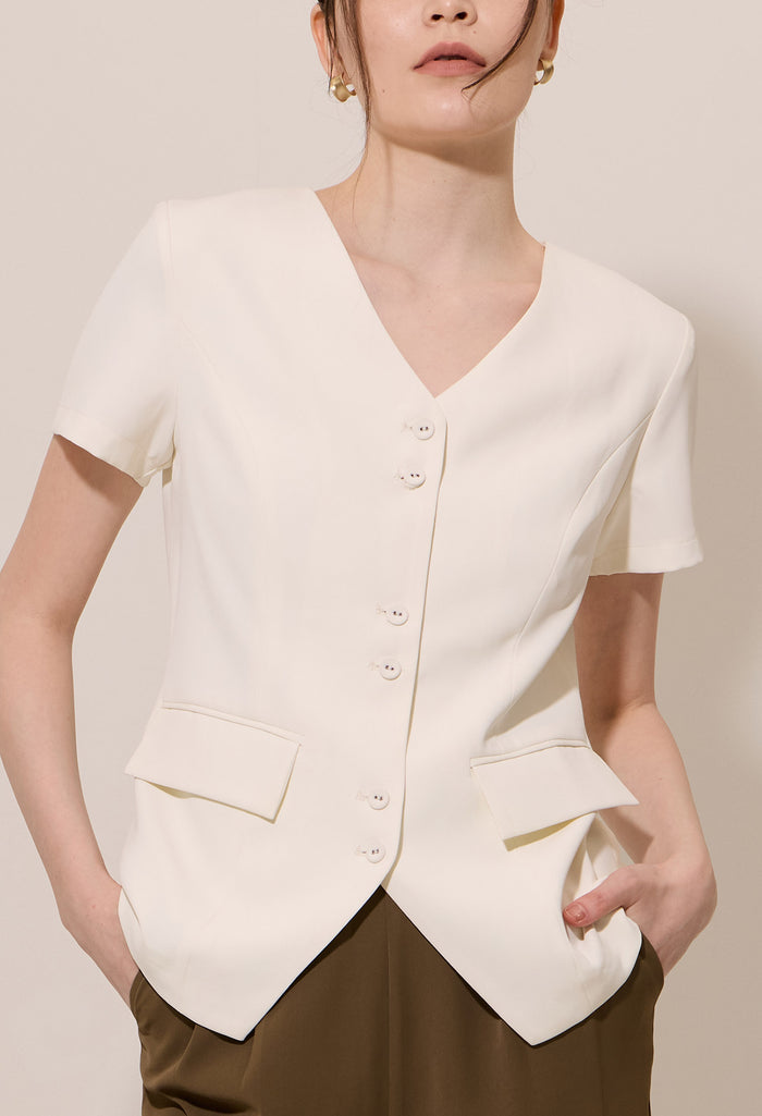 Inverted-V Tailored Waist Short Sleeve Blouse