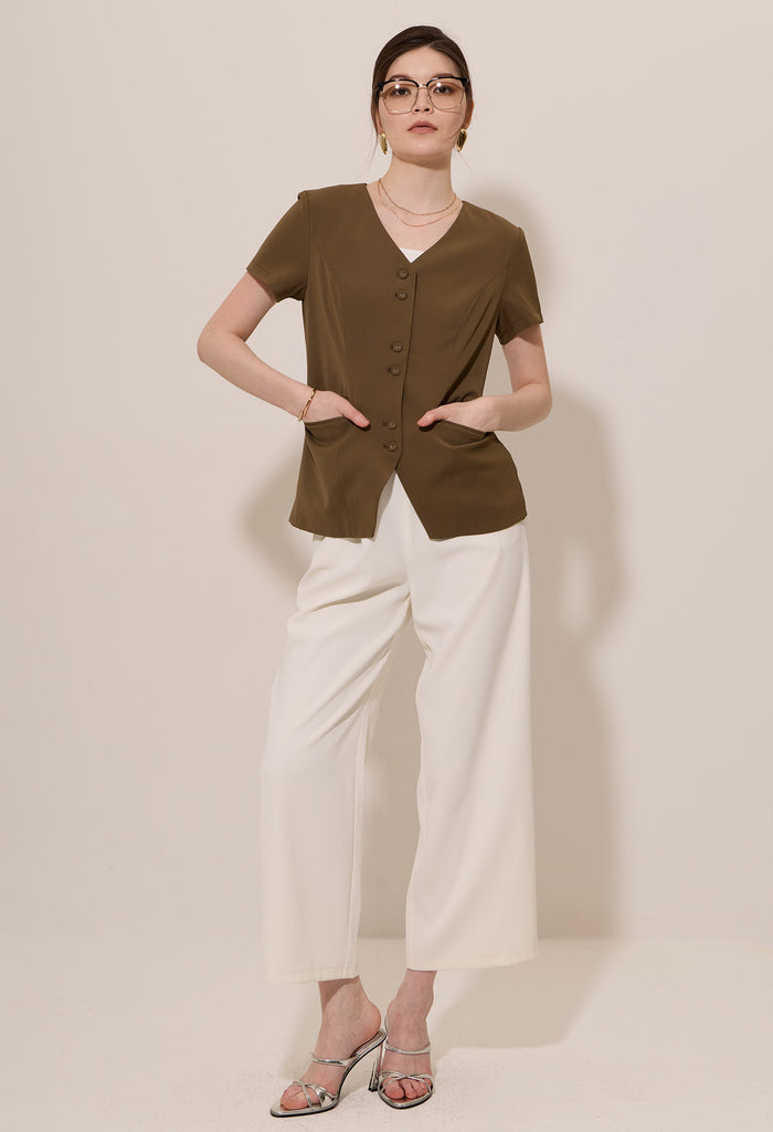 Inverted-V Tailored Waist Short Sleeve Blouse