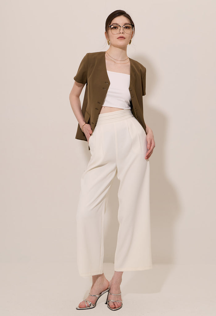 Inverted-V Tailored Waist Short Sleeve Blouse