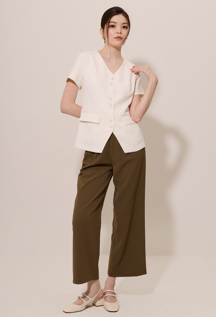 Inverted-V Tailored Waist Short Sleeve Blouse