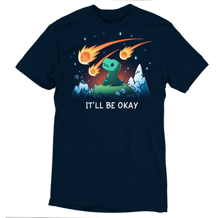 Premium Cotton T-shirt_TeeTurtle navy blue It'll Be Okay featuring a green dinosaur who sits on a grassy hill with comet-like objects falling from the sky around them with the words "IT'LL BE OKAY" below them.
