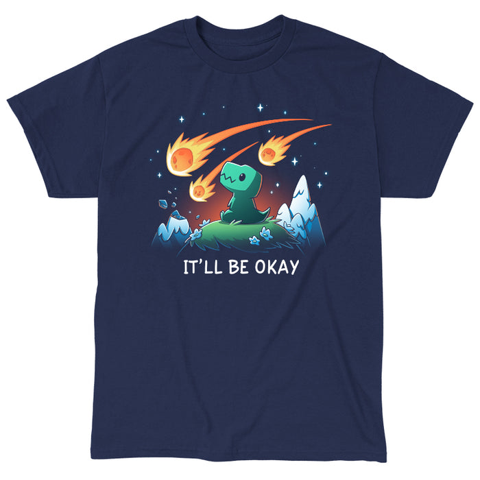 Classic Cotton T-shirt_TeeTurtle navy blue It'll Be Okay featuring a green dinosaur who sits on a grassy hill with comet-like objects falling from the sky around them with the words "IT'LL BE OKAY" below them.