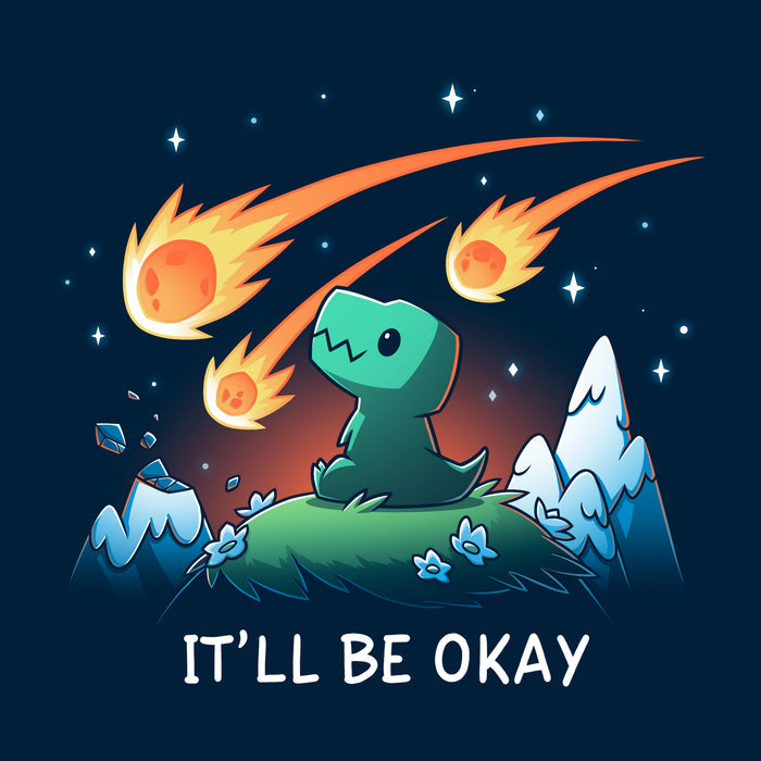Long Sleeve T-shirt_TeeTurtle navy blue It'll Be Okay featuring a green dinosaur who sits on a grassy hill with comet-like objects falling from the sky around them with the words "IT'LL BE OKAY" below them.