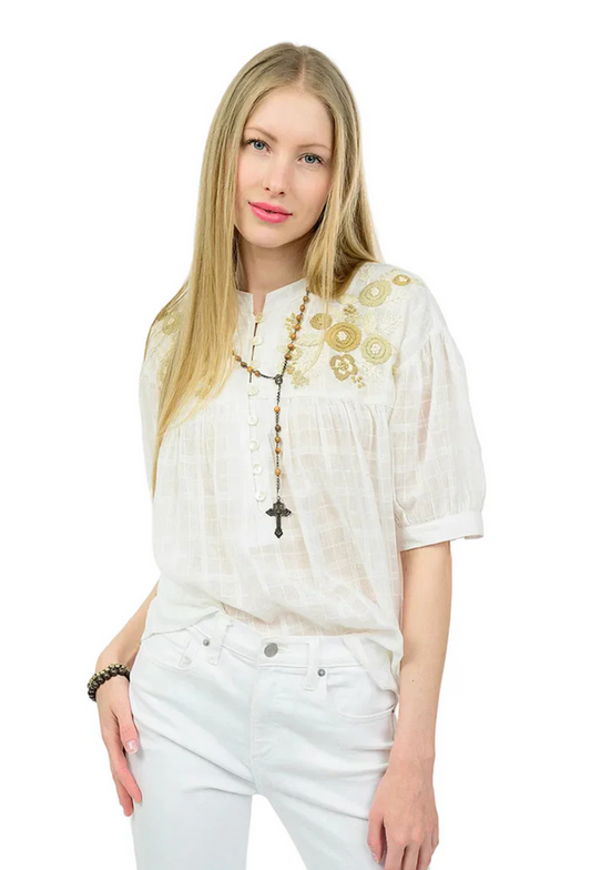 white top with taupe embroidery