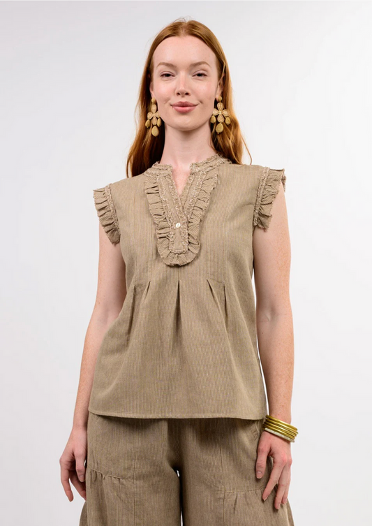 brown sleeveless top with stripes and ruffles