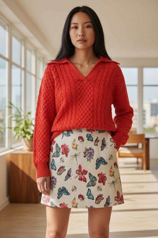 Jamie Cable Collar Jumper - Red - Bascora