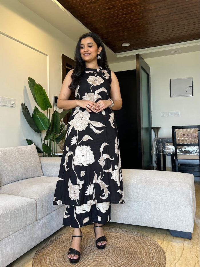 Jasmine Closed Neck Coord Set- Black Big Florals