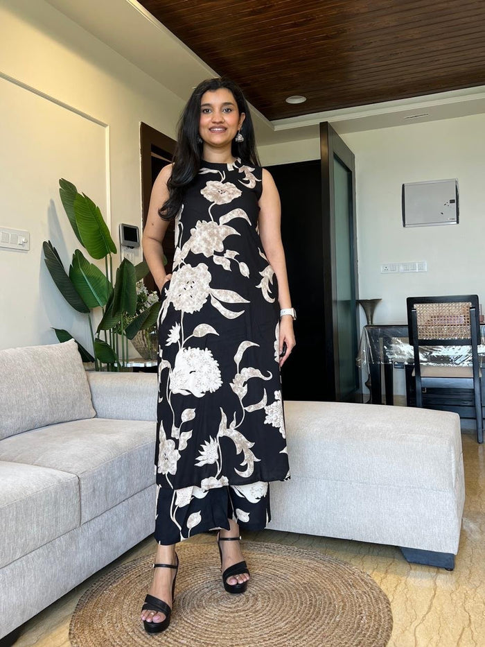 Jasmine Closed Neck Coord Set- Black Big Florals