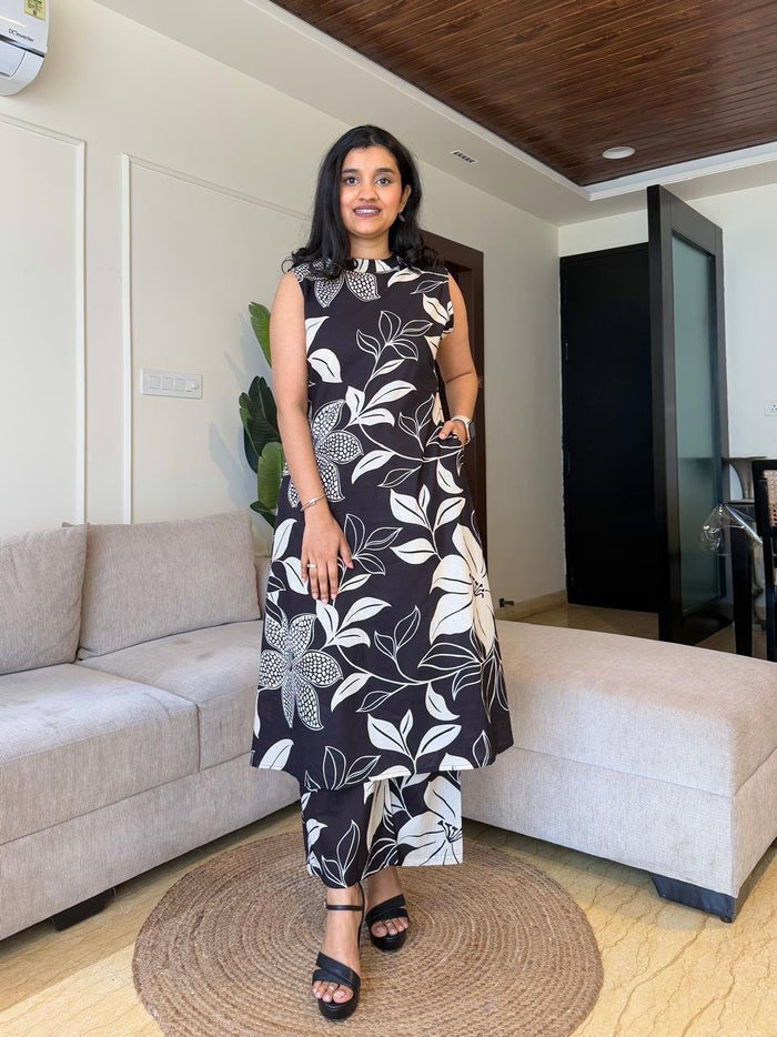 Jasmine Cotton Closed Neck Coord Set- Black Florals