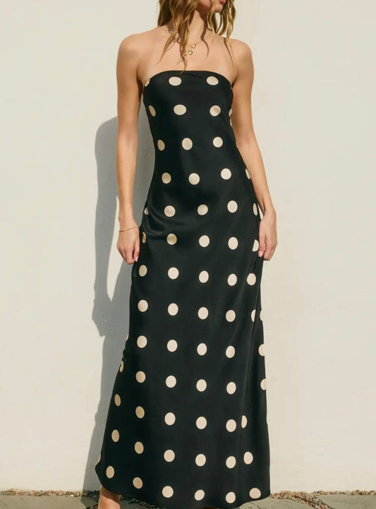 Jaylee Polka Dot Satin Strapless Maxi Dress