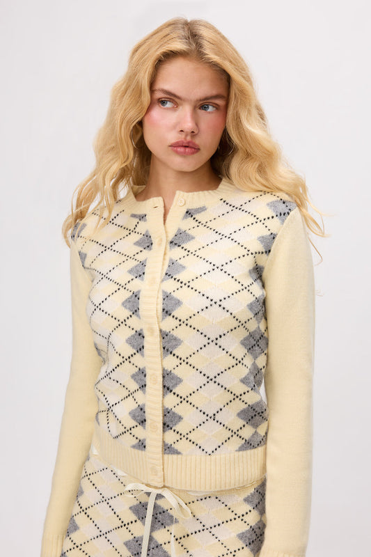 June Relaxed Cardigan in Yellow Argyle