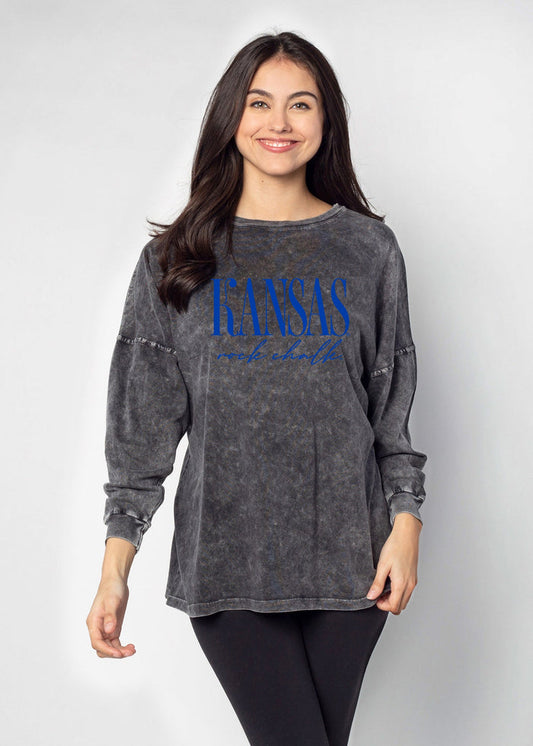 Kansas Jayhawks Unisex Graphite Oversized, slouchy Mineral wash T-Shirt with Extreme dropped shoulders, oversized sleeves and lived-in look and feel