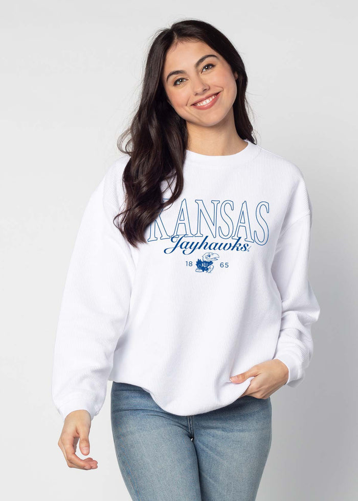 Kansas Jayhawks Unisex White Oversized Premium cotton corded fleece Sweatshirt with Super soft hand feel, vintage wash and ribbed crew neckline, cuffs, and hemline