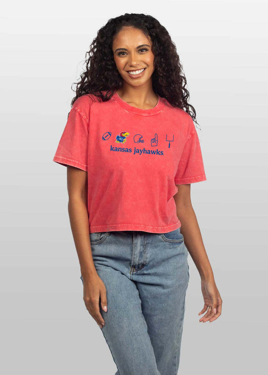 Kansas Jayhawks Women's Cardinal Relaxed, boxy Mineral wash T-Shirt with Crew neck and short sleeves