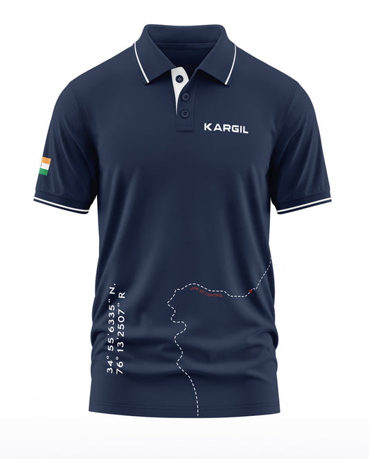 Navy blue men's polo t-shirt with 'KARGIL' text, India flag sleeve, map and coordinates graphic.