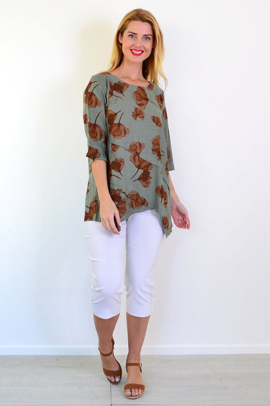 Khaki brown flower linen blend tunic top by Ruby Rain, featuring a relaxed fit with floral print and lightweight fabric.