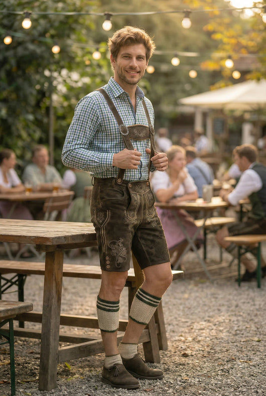 Kruger Men's Lederhosen "Austin" d. brown (w/suspenders) In-USA Stock