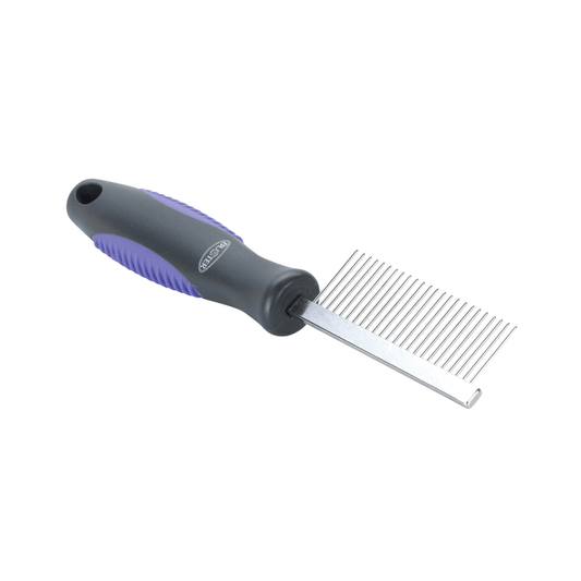 White background with a side view of a black BUSTER Coarse Comb with a focus on the metal teeth and a purple grips on the handle.