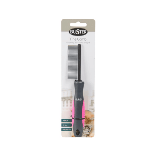 White background with a black BUSTER Fine Comb with metal teeth and pink grips on the handle attached to a cardboard backing.