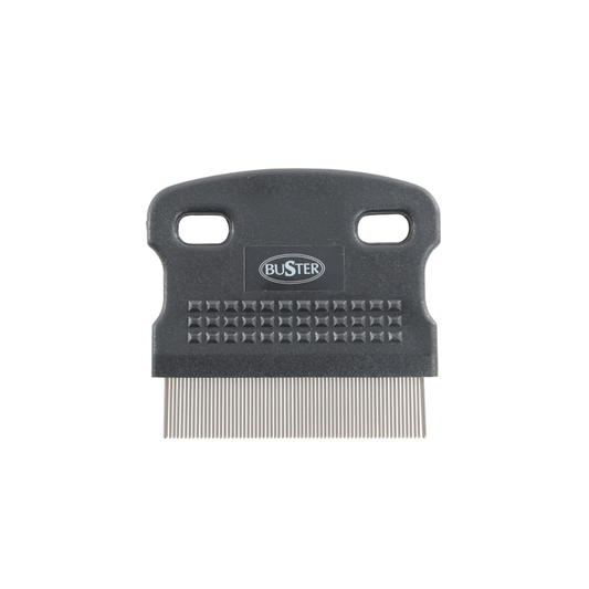 White background with a black flea comb with metal teeth pictured, with white text on the comb 'BUSTER'.