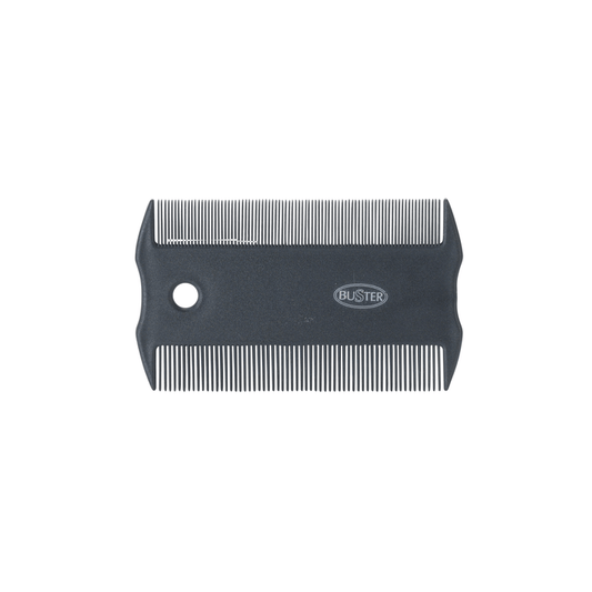White background with a black flea comb pictured, with white text on the comb 'BUSTER'.