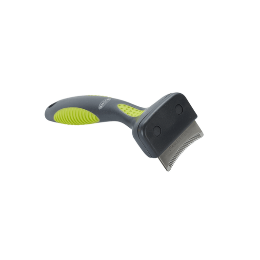 White background with a small black plastic brush with green grip handle and a metal comb teeth pictured.