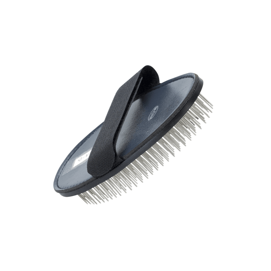 White background with a black palm-style pin brush with metal teeth and a black strap pictured, with white text on the comb 'BUSTER'.