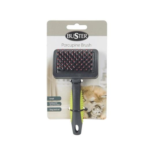 White background with a black BUSTER Porcupine Brush with green grips on the handle attached to a cardboard backing.