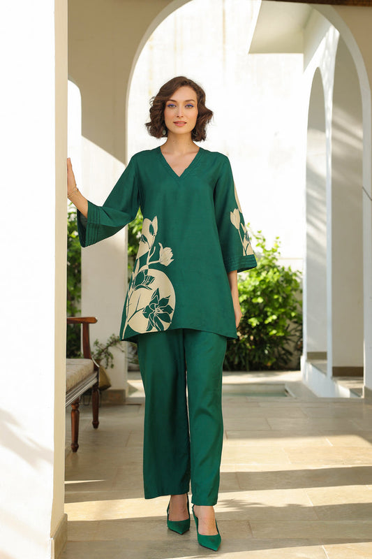 Leafy Azure Russian Silk Co-ord Set